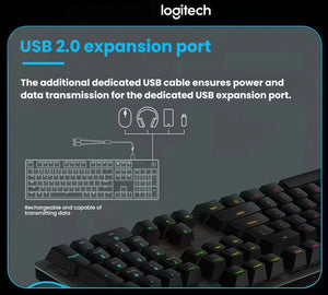  Infographic highlighting the Logitech G512’s integrated USB 2.0 passthrough port, enabling convenient connection of mouse, headset, or flash drive through a dedicated secondary cable.