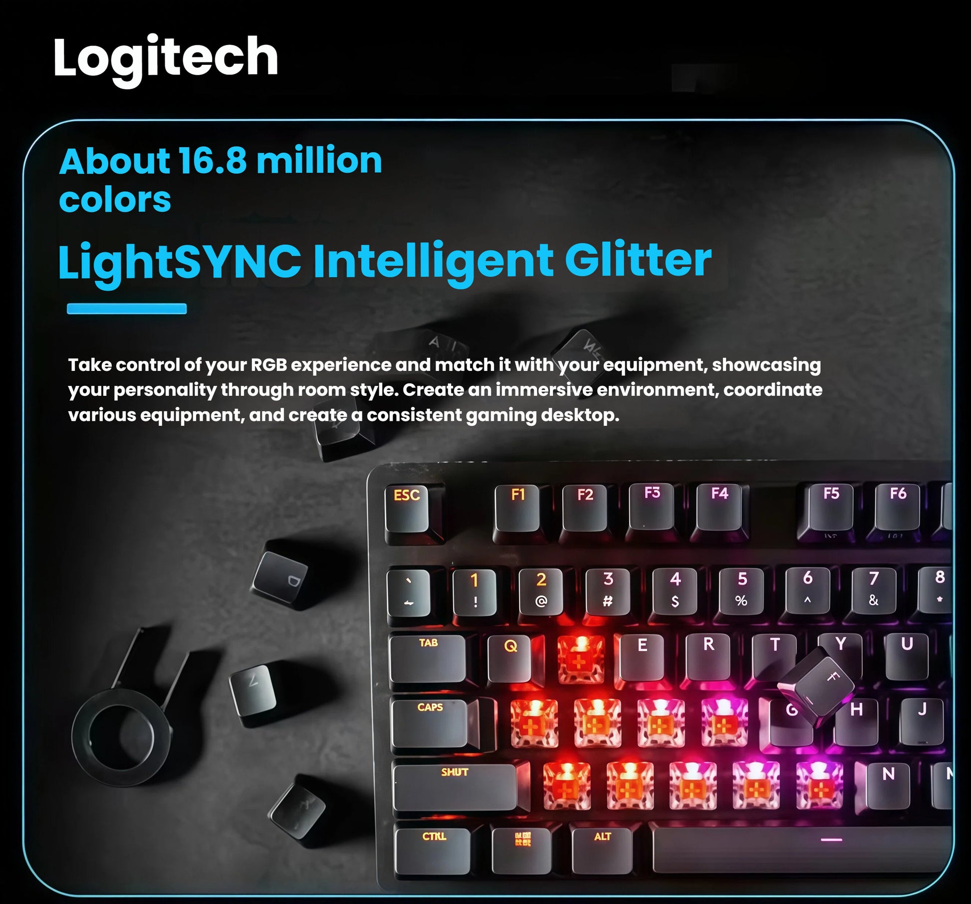 Dramatic top-down shot of the Logitech G512’s exposed RGB switches glowing in red and purple hues, surrounded by removed keycaps, emphasizing 16.8 million color LightSYNC customization.