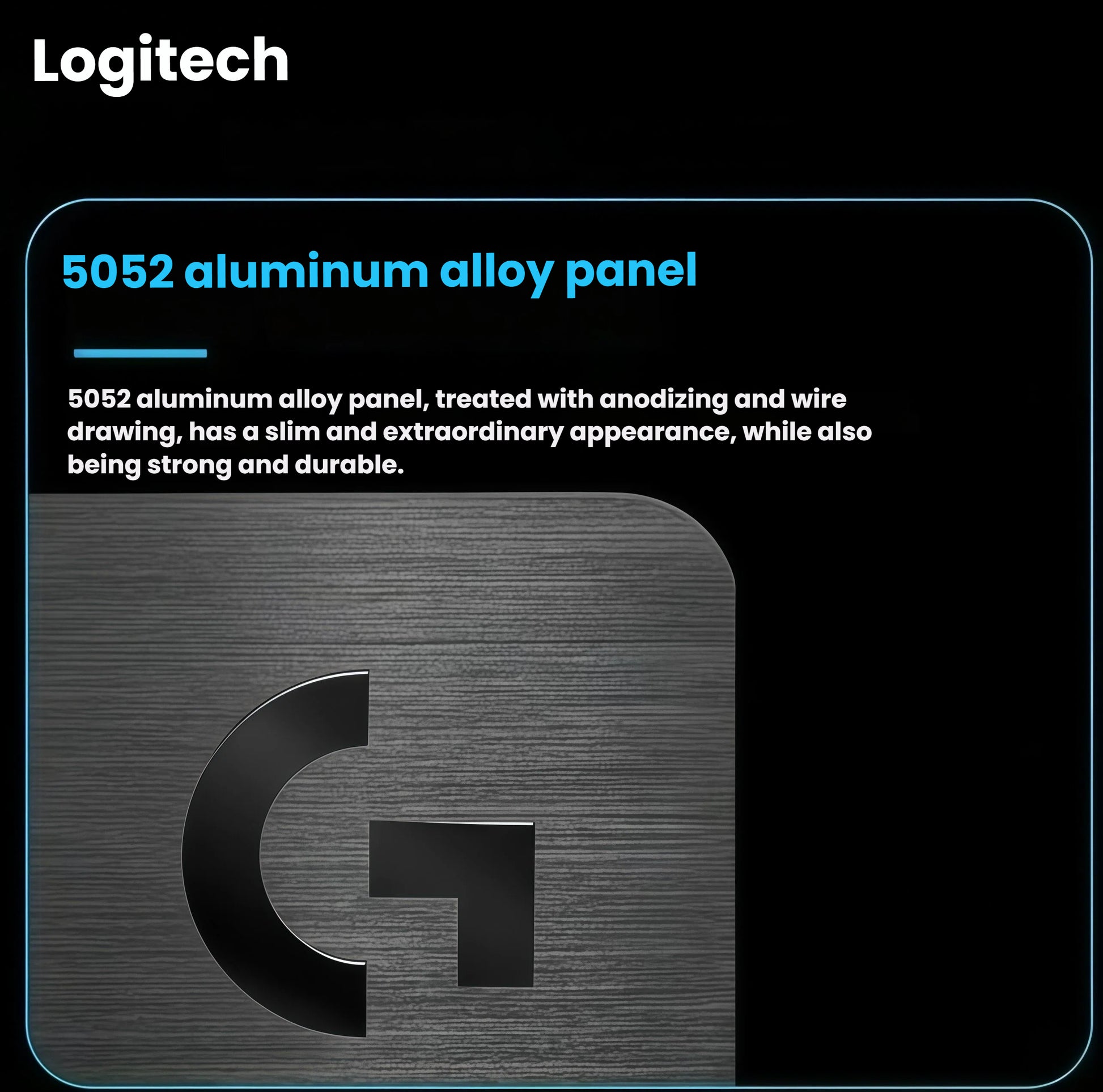 Close-up of the brushed 5052 aluminum alloy top panel of the Logitech G512, showcasing anodized and wire-drawn finish for durability and a sleek, modern look.