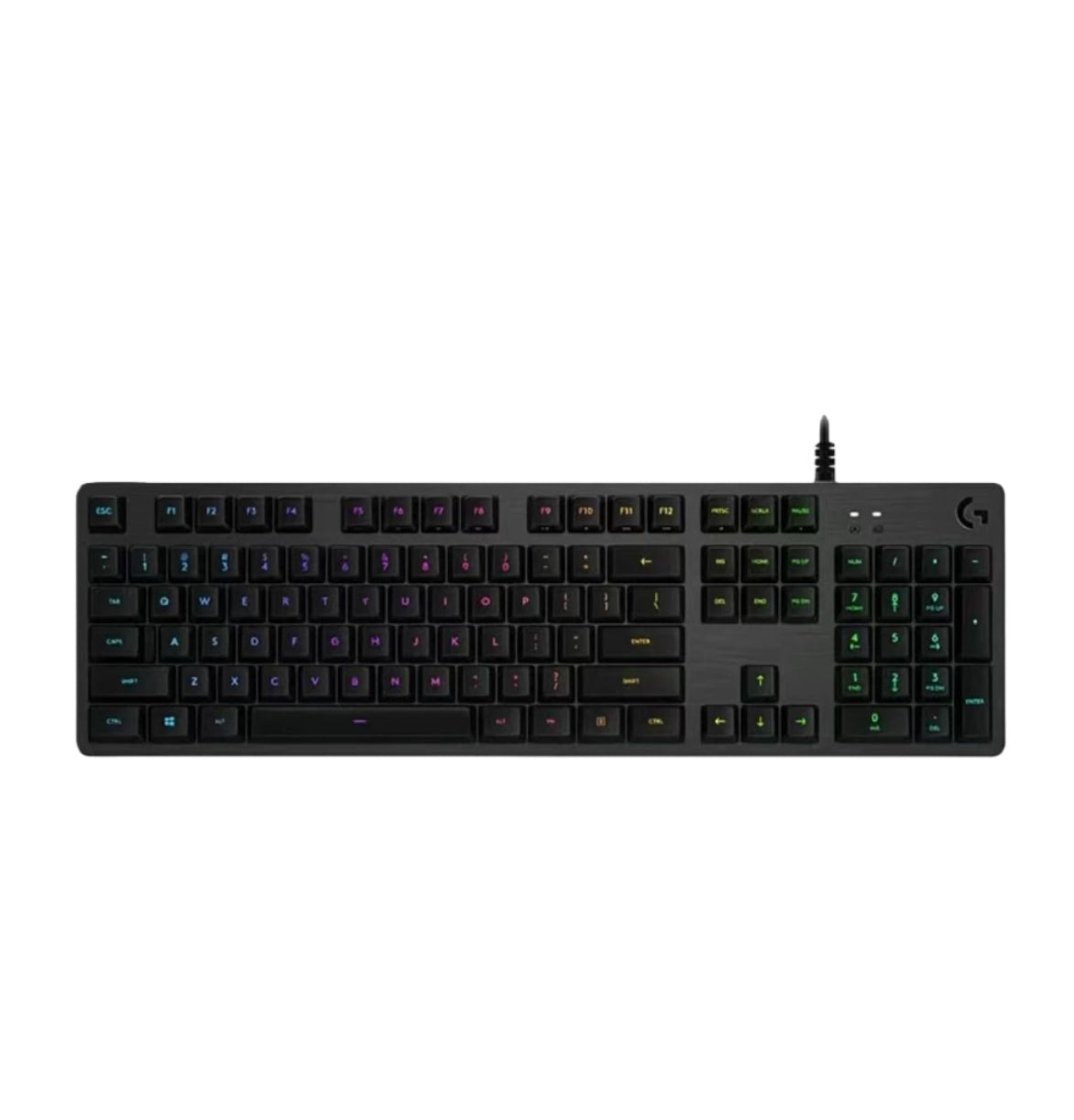 Overhead shot of the Logitech G512 wired gaming keyboard in all-black with per-key RGB lighting, showing the full-size layout and USB cable.