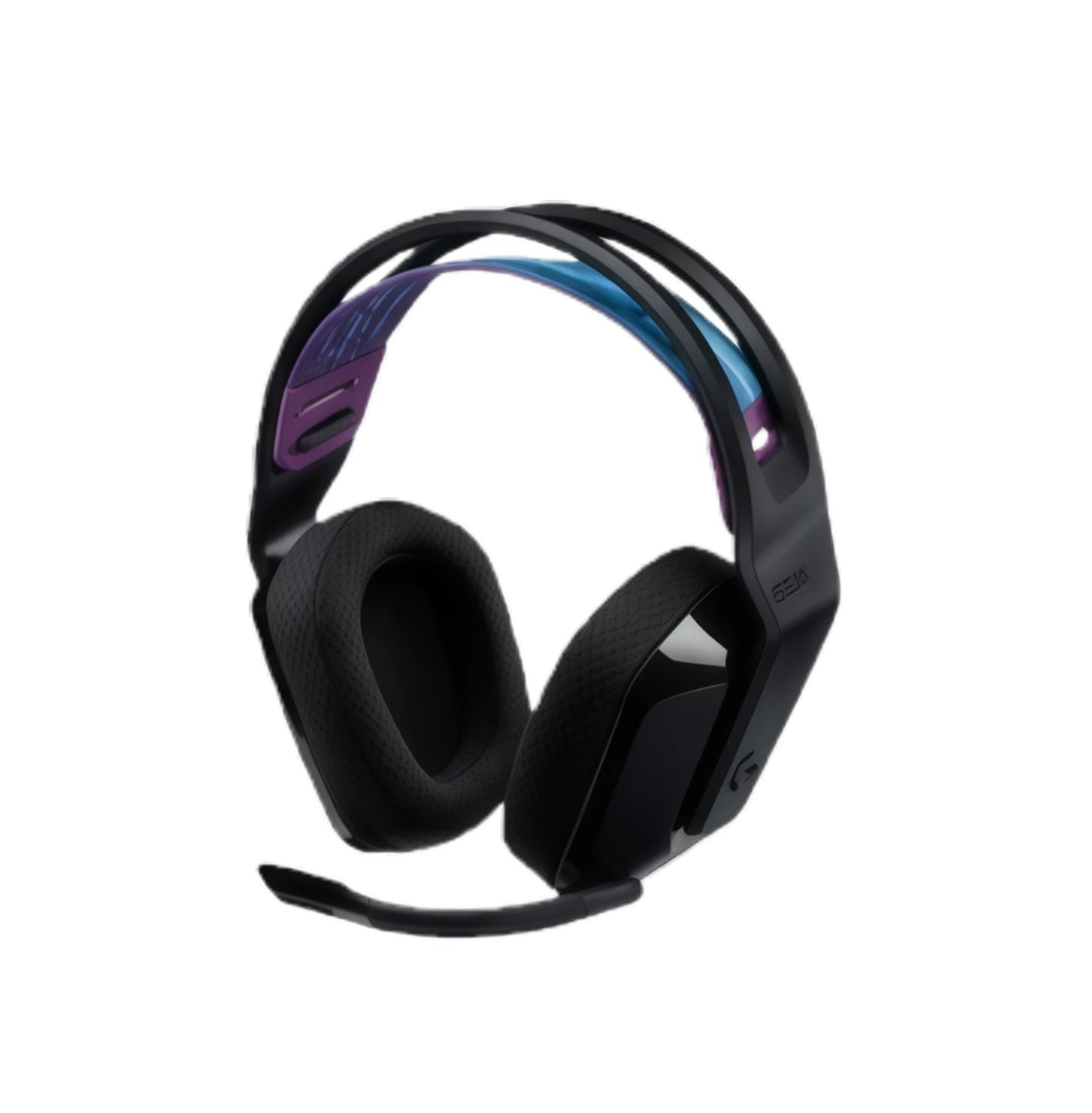 Studio shot of the black Logitech G535 LIGHTSPEED headset, showcasing its suspension headband, memory-foam ear cups, and flip-to-mute boom microphone.