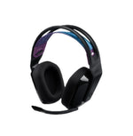 Studio shot of the black Logitech G535 LIGHTSPEED headset, showcasing its suspension headband, memory-foam ear cups, and flip-to-mute boom microphone.