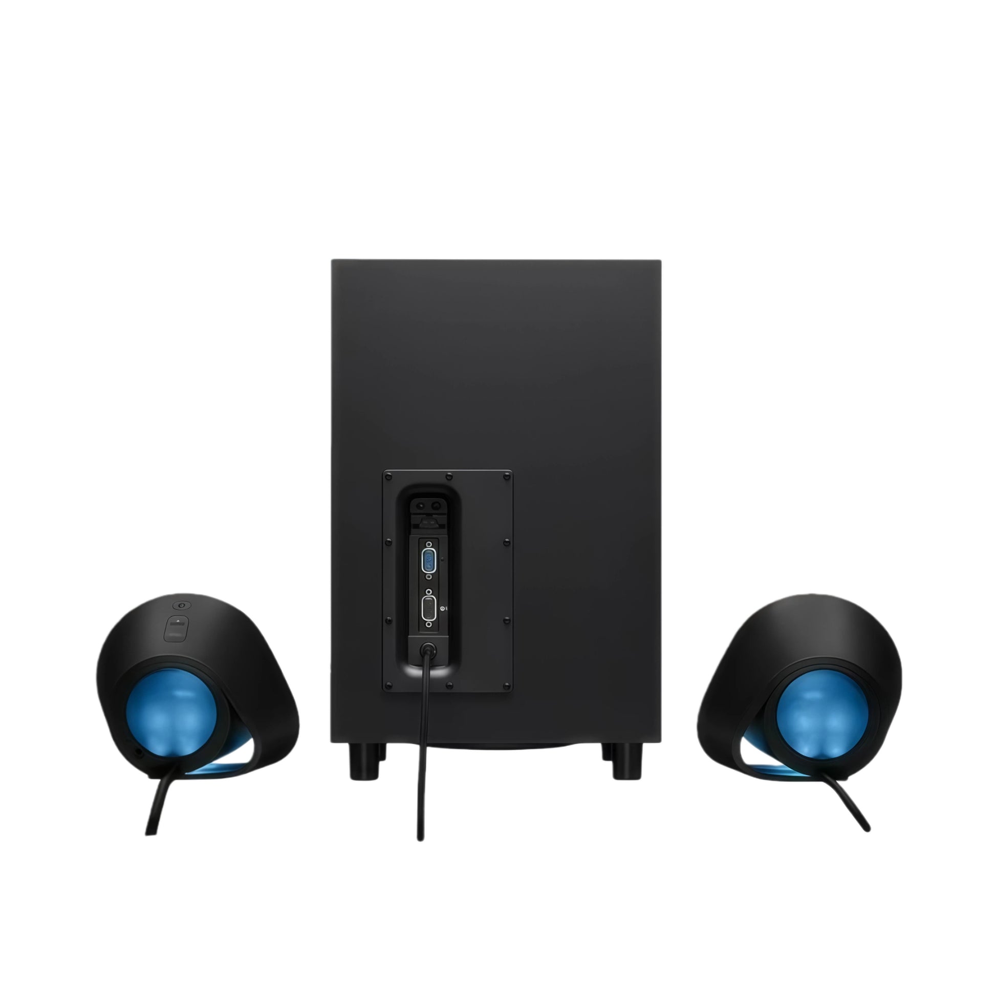Back view of the Logitech G560 2.1 speaker set showing the subwoofer’s rear I/O panel and the two satellite speakers with blue LIGHTSYNC RGB lighting.