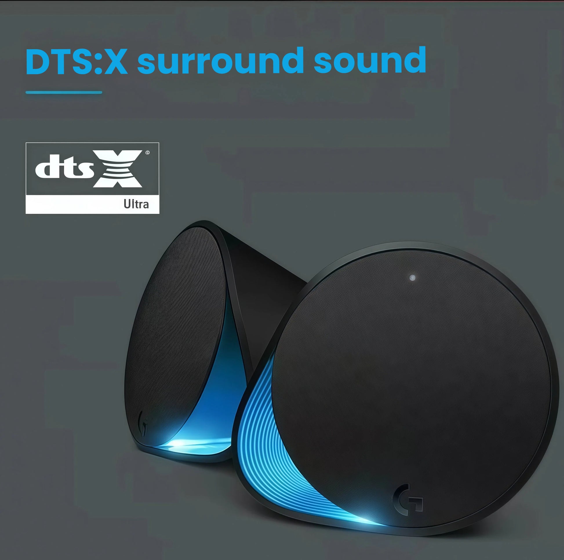 Close-up of the Logitech G560 satellite speakers glowing blue, featuring the DTS:X Ultra logo for immersive positional audio in games and movies.
