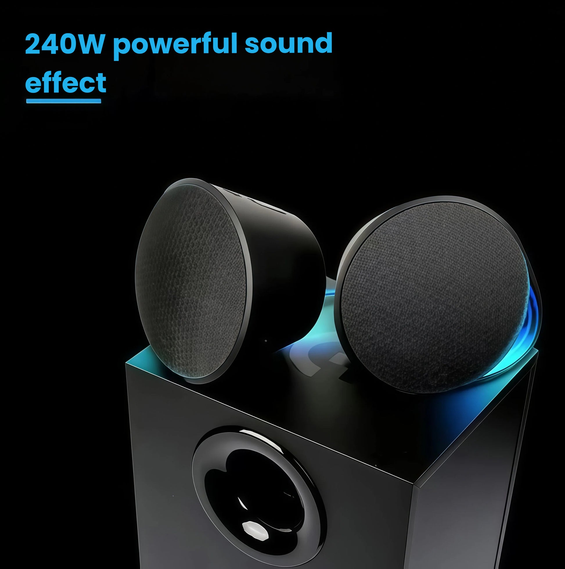Dynamic angle of the Logitech G560 satellites resting on the subwoofer, emphasizing the 240 W peak output and vibrant RGB lighting.