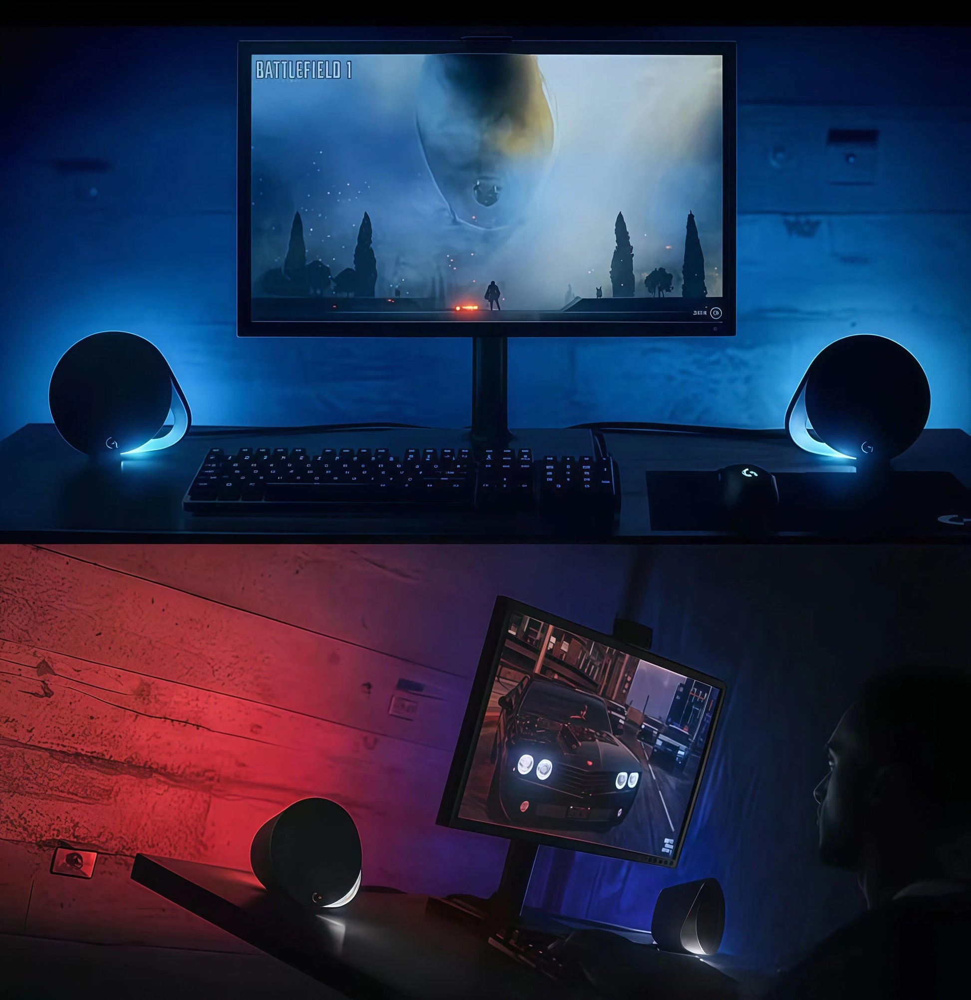 Split-screen photo showing the Logitech G560 speakers syncing their RGB colors to on-screen action in Battlefield 1 and a racing game for immersive ambient lighting.