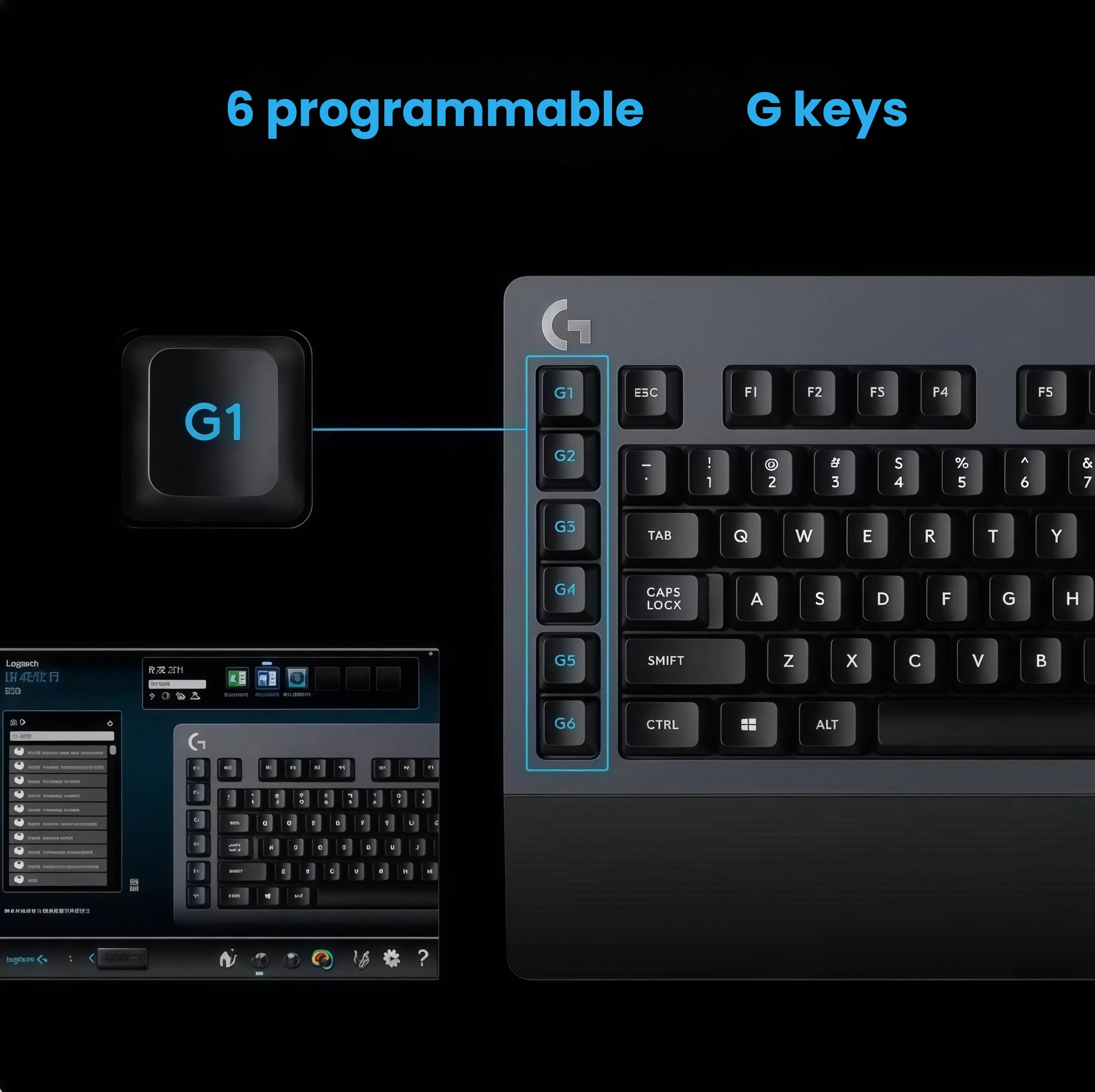 Close-up of the left-side G1–G6 macro keys on the G613, with an inset of Logitech G HUB software showing drag-and-drop macro assignment for in-game commands.