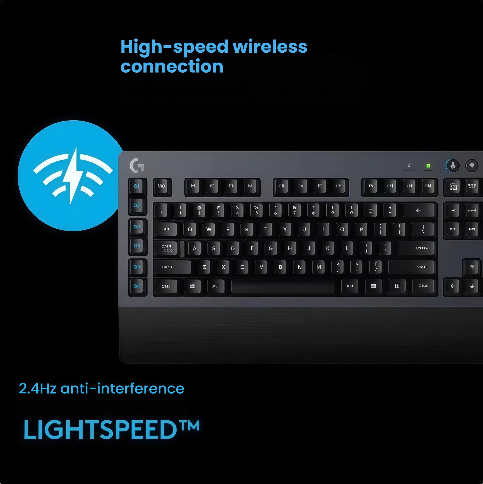 Angled view of the G613 keyboard with a glowing LIGHTSPEED icon, emphasizing 2.4 GHz anti-interference technology for lag-free wireless gaming.