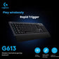 Hero shot of the G613 keyboard on a dark background, highlighting its wireless freedom, rapid trigger response, and battery-optimized design for marathon gaming sessions.