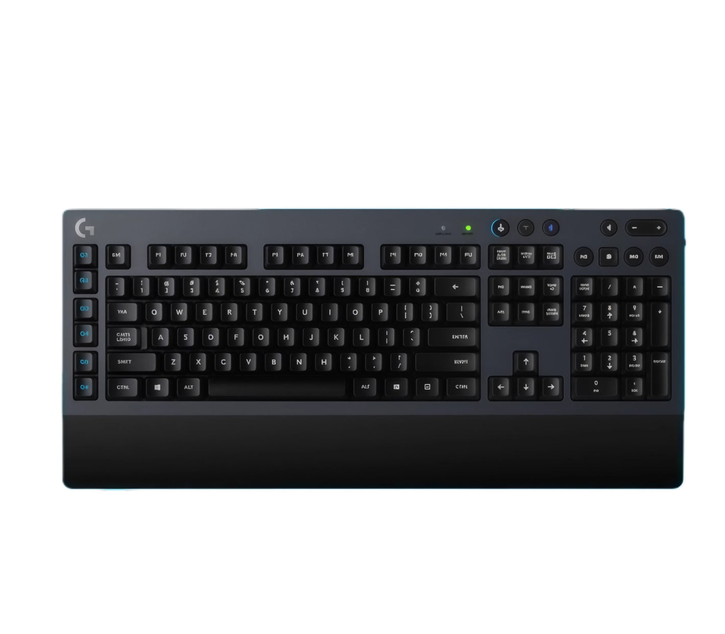 Overhead shot of the black Logitech G613 full-size wireless mechanical gaming keyboard, featuring six programmable G-keys, LIGHTSPEED 2.4 GHz connectivity, and an integrated wrist rest.