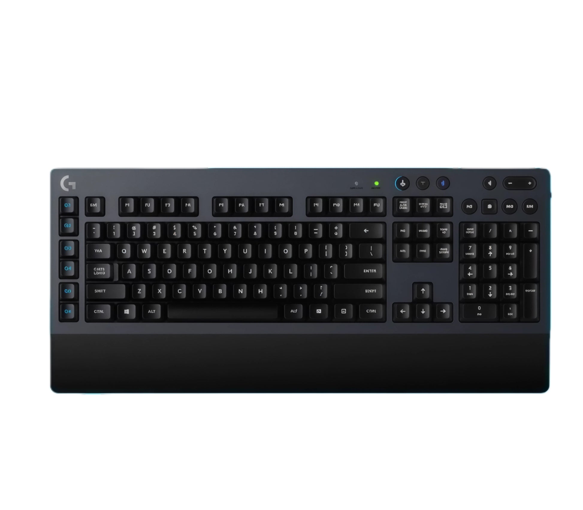 Overhead shot of the black Logitech G613 full-size wireless mechanical gaming keyboard, featuring six programmable G-keys, LIGHTSPEED 2.4 GHz connectivity, and an integrated wrist rest.