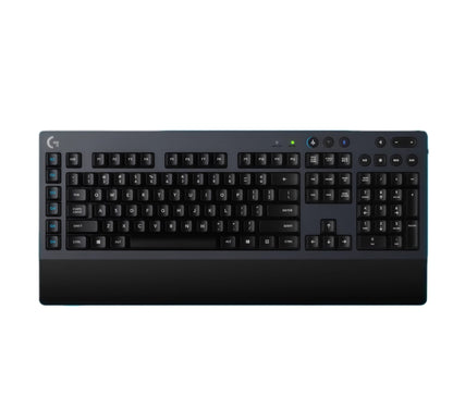 Overhead shot of the black Logitech G613 full-size wireless mechanical gaming keyboard, featuring six programmable G-keys, LIGHTSPEED 2.4 GHz connectivity, and an integrated wrist rest.
