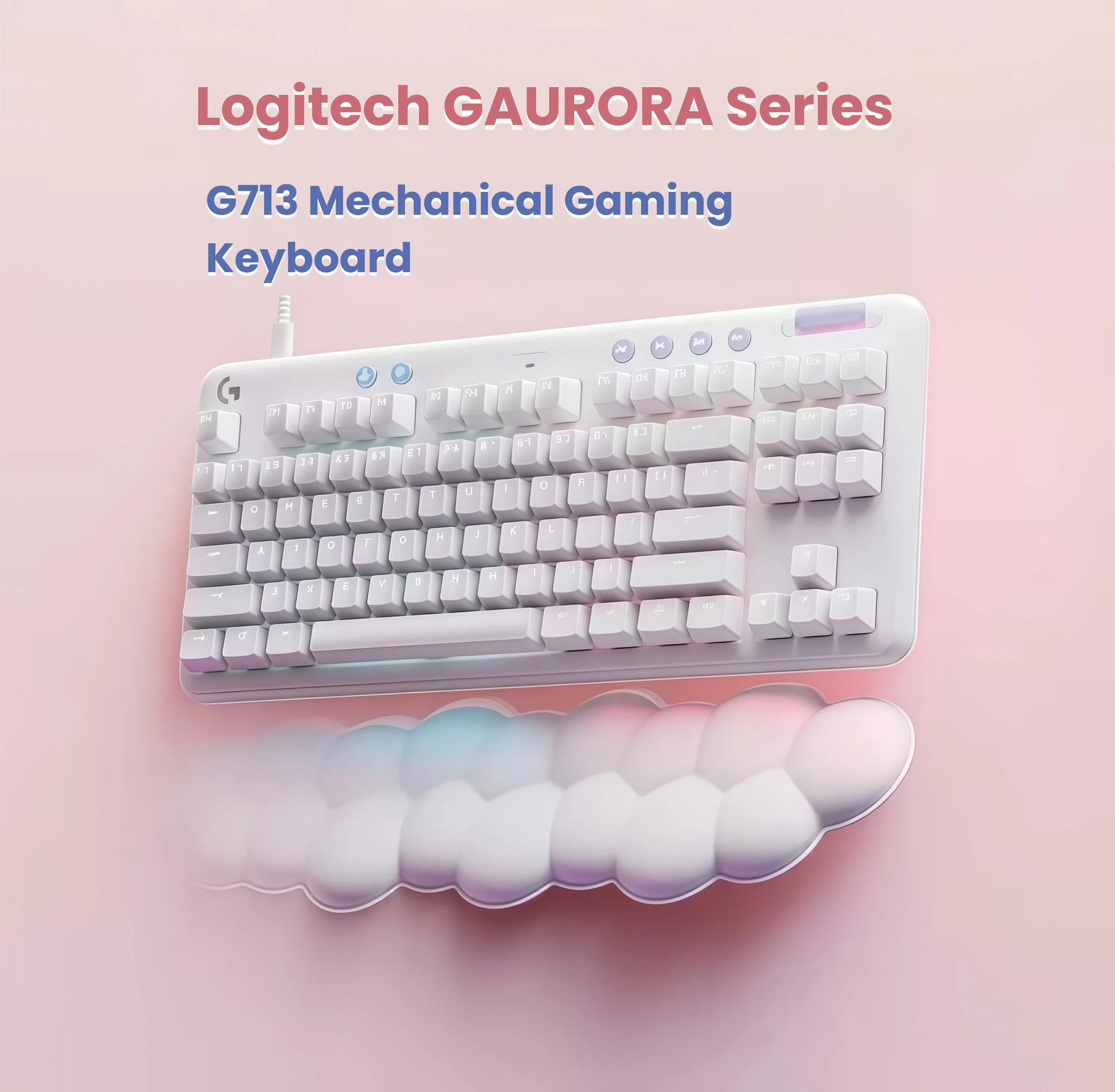 Stylized flat-lay of the white G713 keyboard, cloud palm rest, and matching white mouse on a pastel pink surface, emphasizing the dreamy aesthetic of the Aurora line.