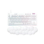 Top-down view of the white Logitech G713 wired tenkeyless mechanical keyboard from the Aurora Collection, paired with its signature fluffy cloud wrist rest and soft RGB underglow.