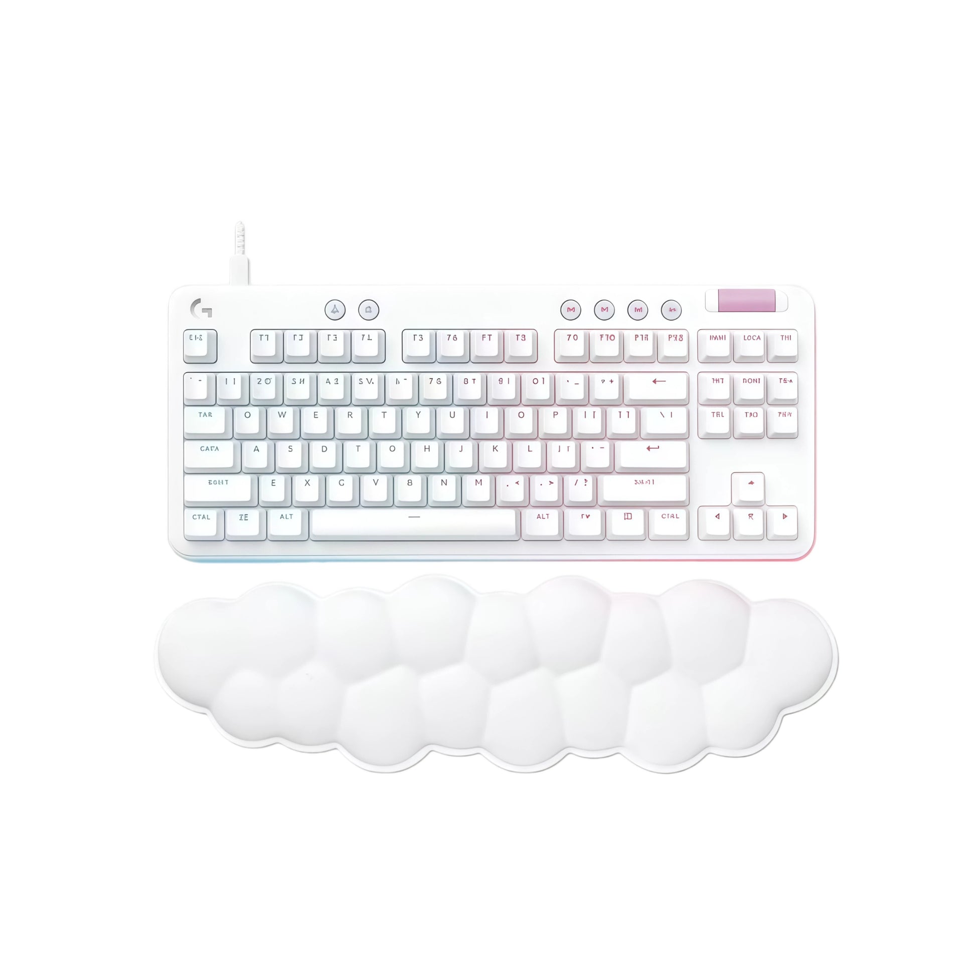 Top-down view of the white Logitech G713 wired tenkeyless mechanical keyboard from the Aurora Collection, paired with its signature fluffy cloud wrist rest and soft RGB underglow.