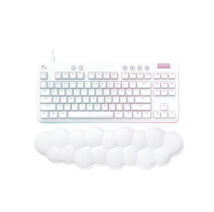 Top-down view of the white Logitech G713 wired tenkeyless mechanical keyboard from the Aurora Collection, paired with its signature fluffy cloud wrist rest and soft RGB underglow.