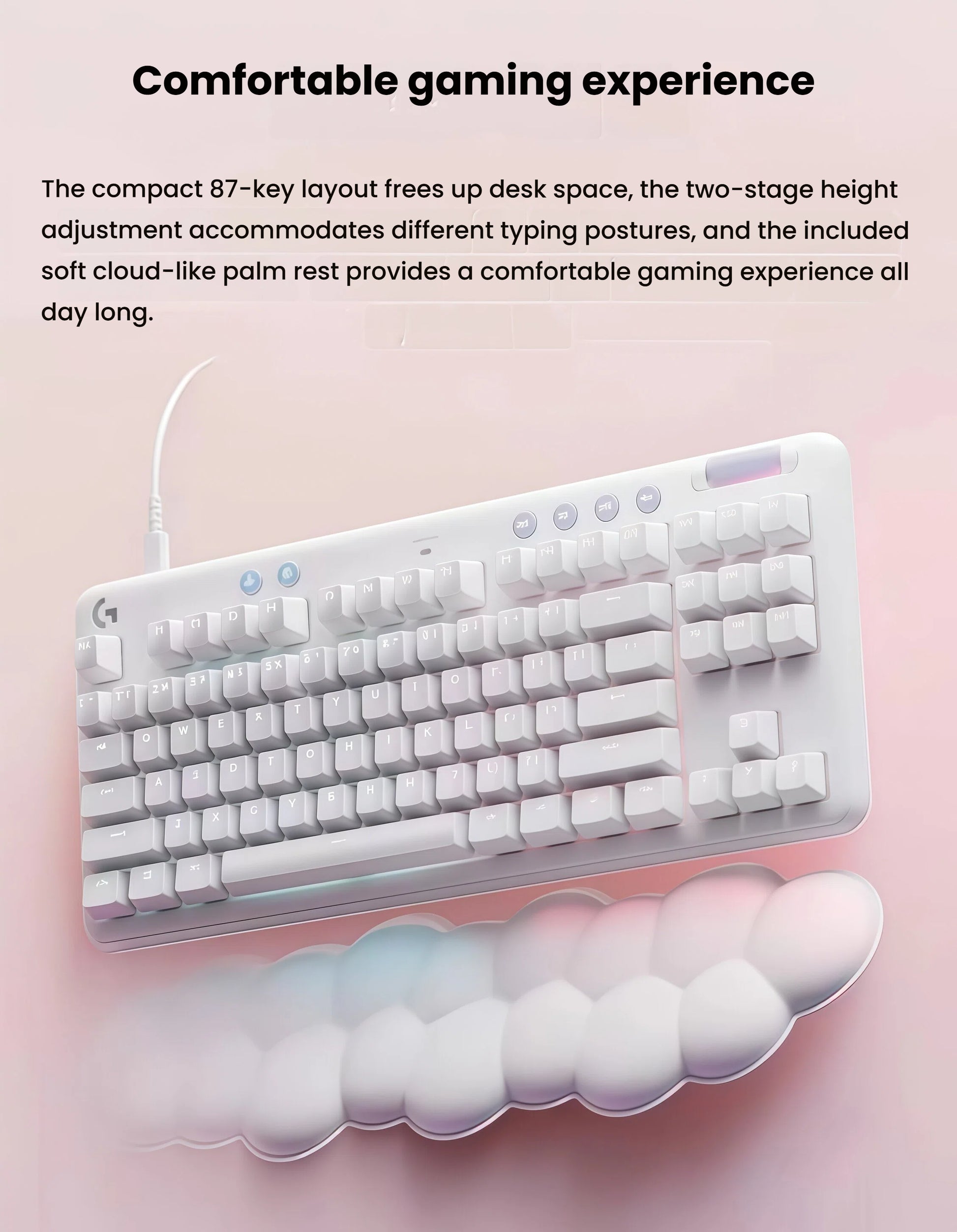 Angled view of the G713 keyboard with the included cloud-shaped palm rest, showcasing the compact 87-key design and two-stage height adjustment for ergonomic gaming.