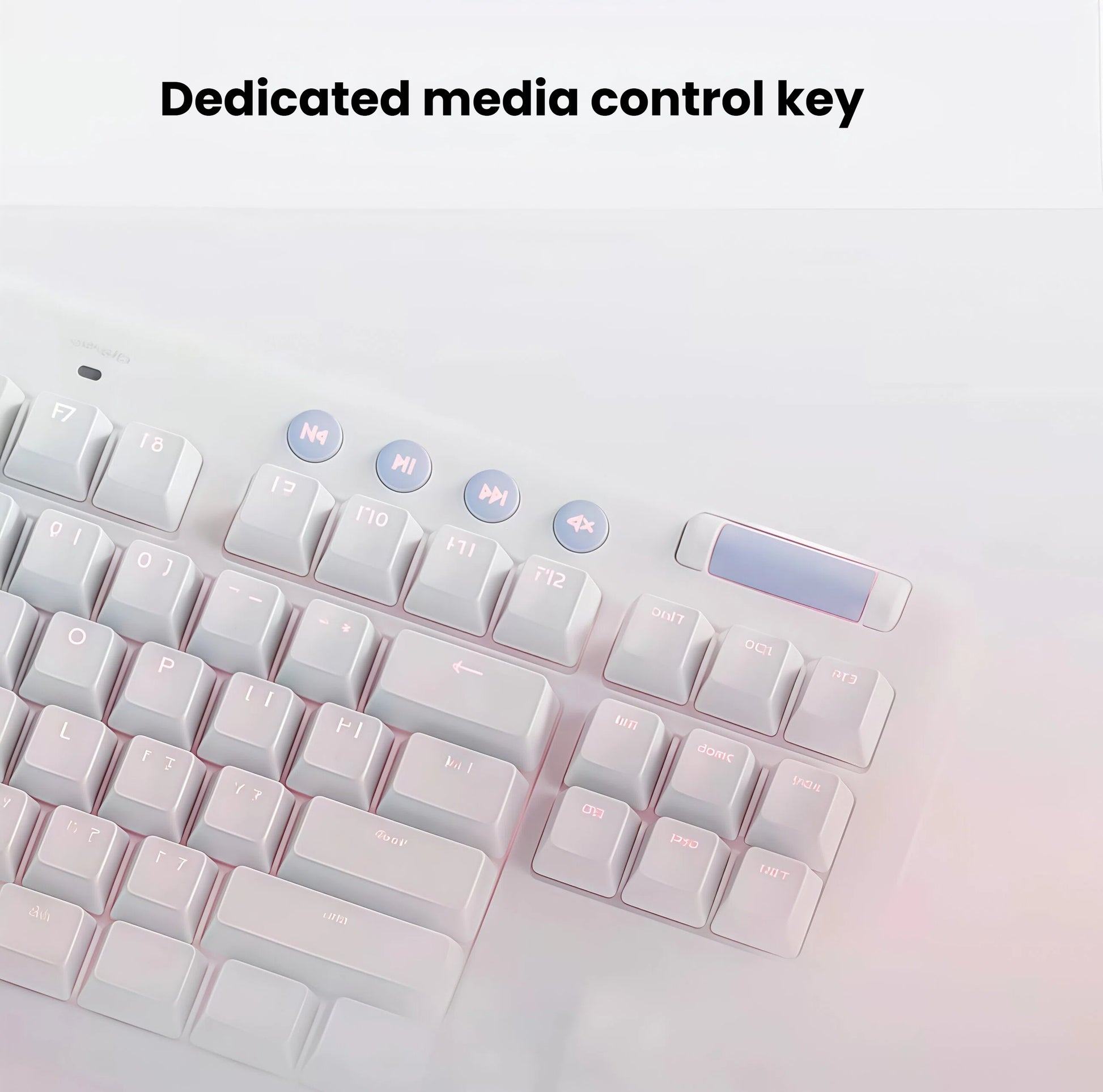 Macro shot of the G713’s top-right corner, highlighting the circular media control buttons and volume roller for effortless in-game audio adjustment.