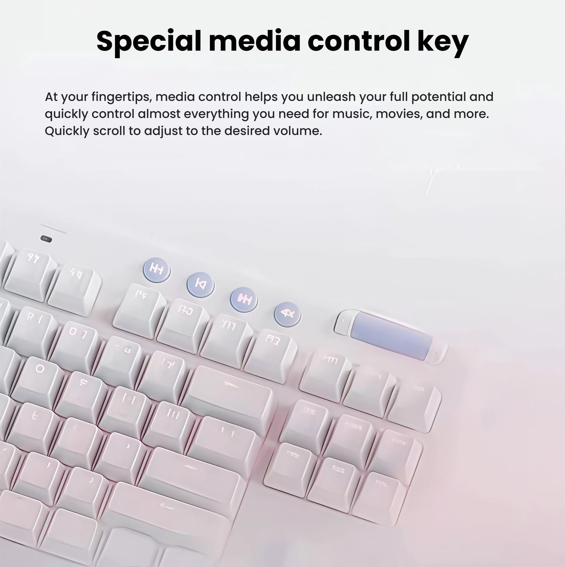 Close-up of the white G715’s top-right corner, focusing on the special media control buttons and volume roller, enabling quick adjustments for music, movies, and in-game audio without leaving the action.