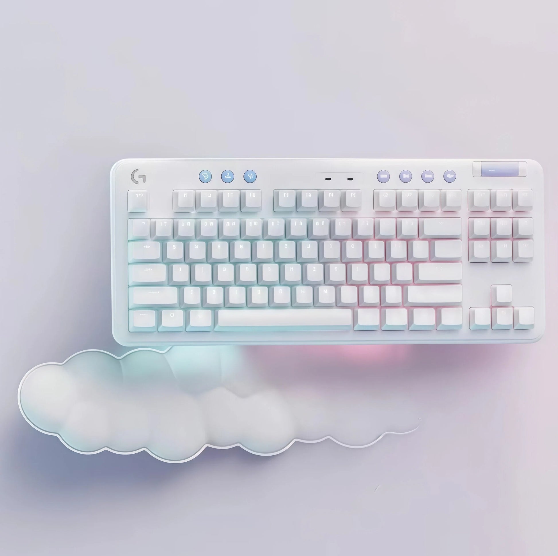 Stylized overhead photo of the white G715 keyboard and cloud wrist rest on a soft lavender background, emphasizing the dreamy gradient lighting and fashion-forward design for gamers and streamers.