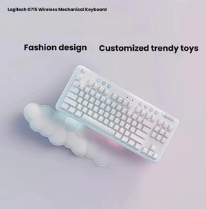 Angled product shot of the white Logitech G715 wireless mechanical keyboard with the cloud palm rest, labeled “Fashion design – Customized trendy toys,” highlighting its blend of performance and kawaii style.