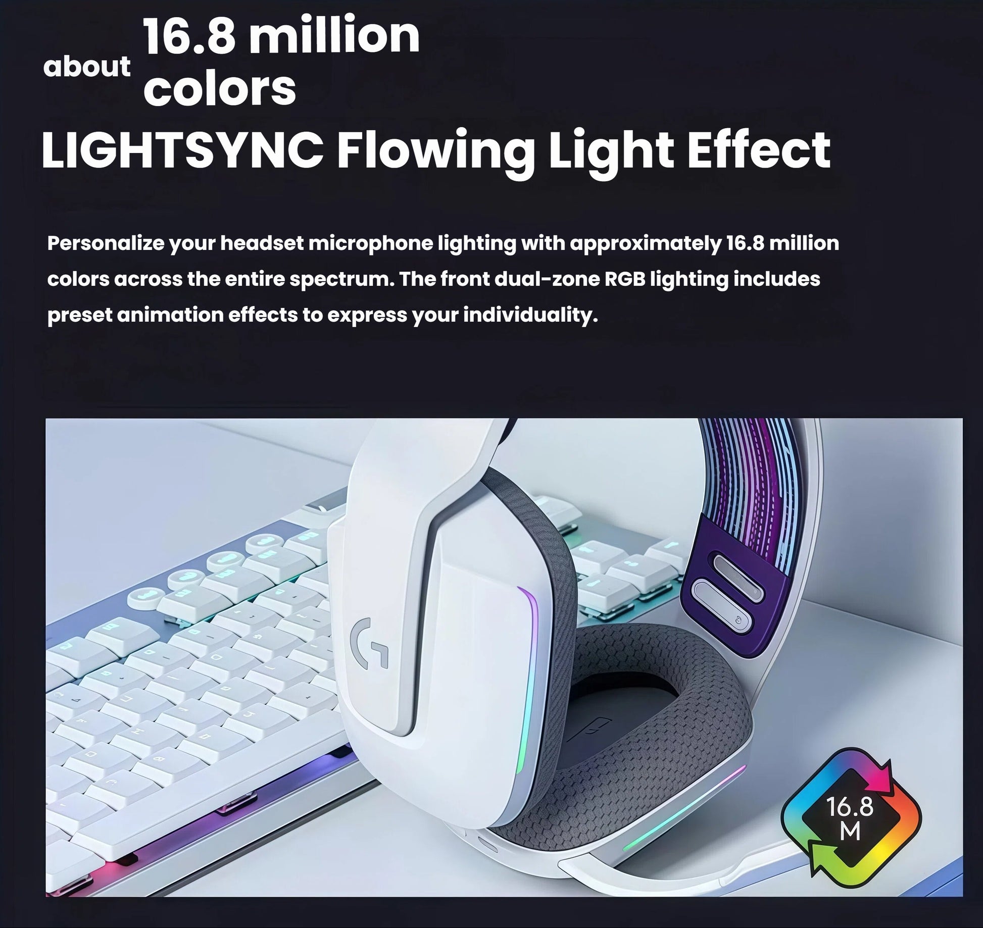 White Logitech G733 headset on a white keyboard, displaying dual-zone RGB lighting that can be personalized across 16.8 million colors.