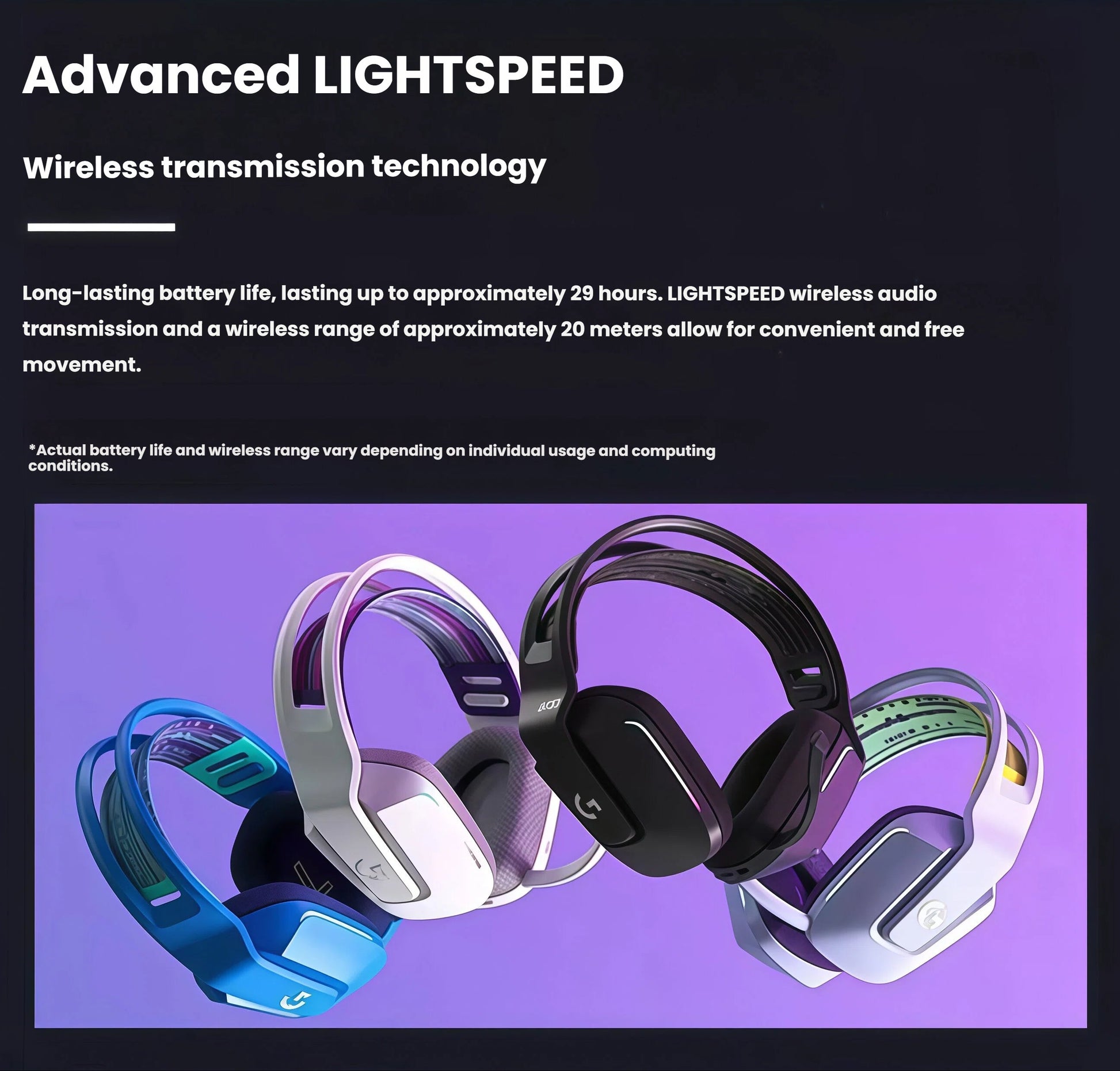 Group shot of four Logitech G733 headsets in different colors, showcasing the reliable LIGHTSPEED wireless technology and long battery life.