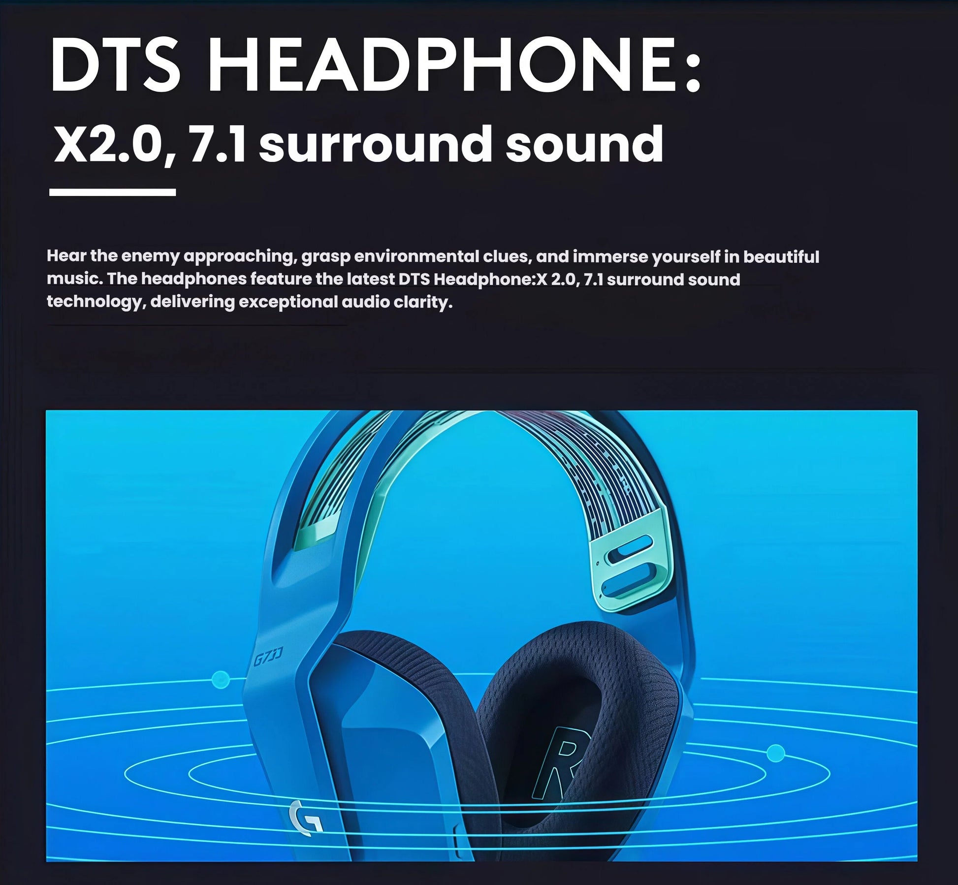 Group shot of four Logitech G733 headsets in different colors, showcasing the reliable LIGHTSPEED wireless technology and long battery life.