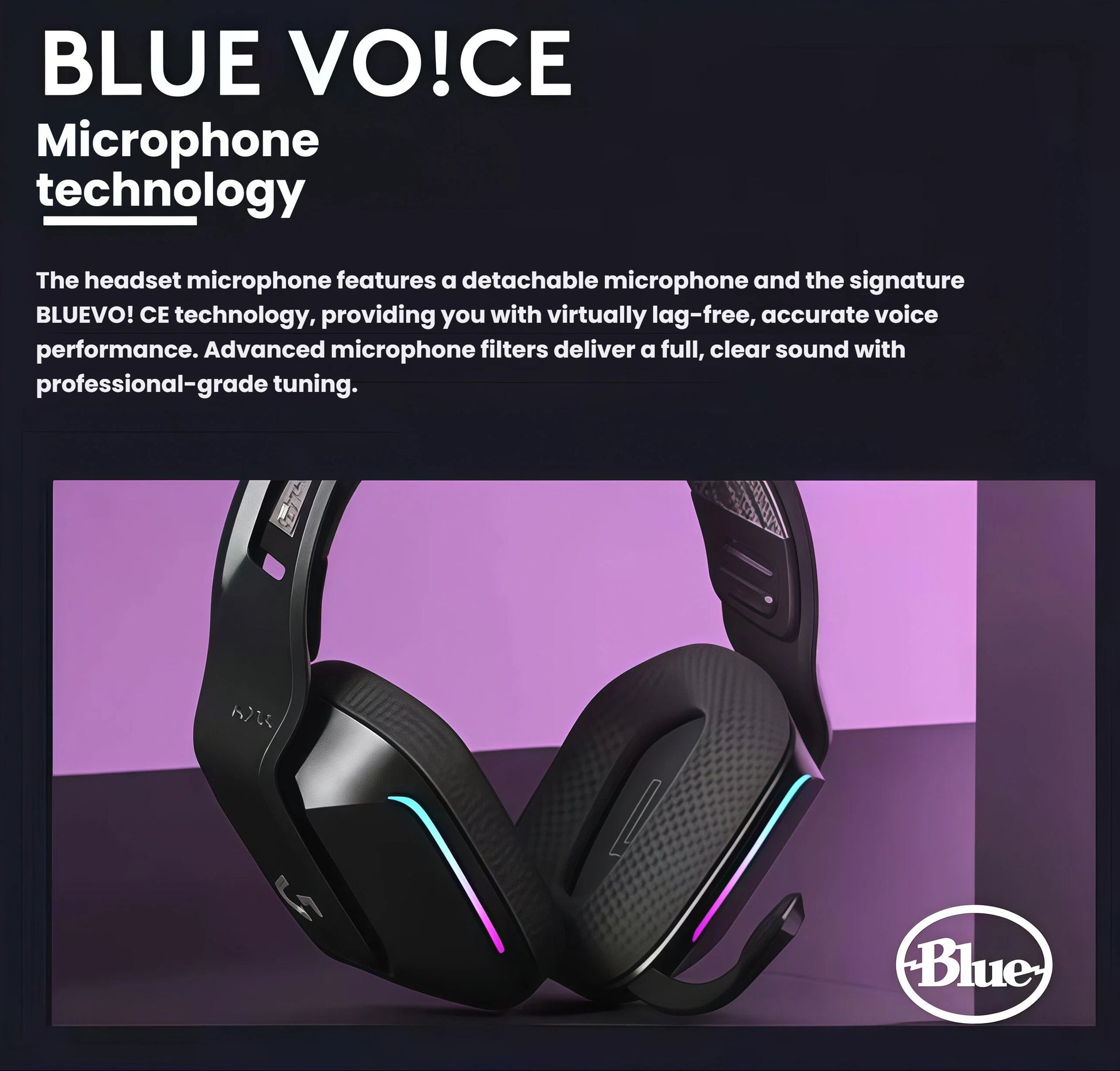 Black Logitech G733 headset with RGB lighting, highlighting the detachable boom mic enhanced by BLUE VO!CE filters for clear, professional voice chat.