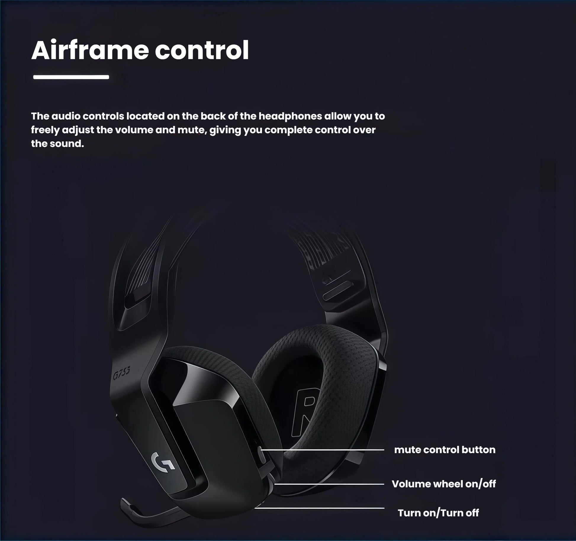 Close-up of the Logitech G733 wireless gaming headset showing the rear-mounted mute button, volume wheel, and power switch for instant sound control.