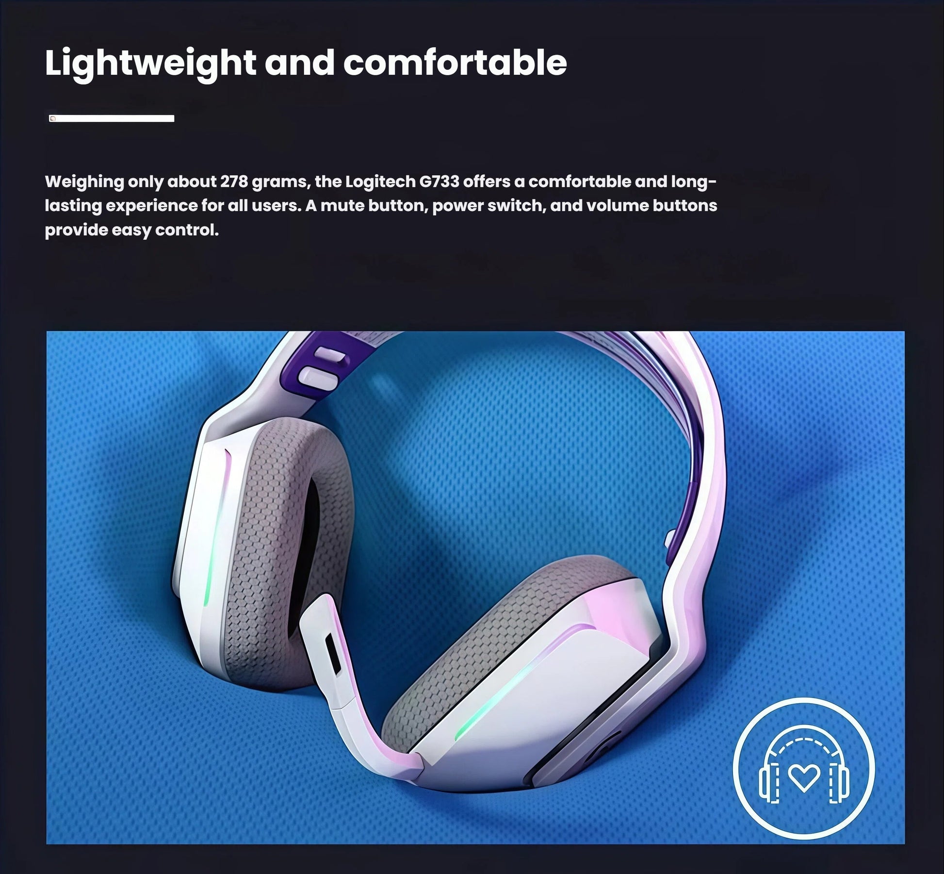 White Logitech G733 headset resting on a blue surface, emphasizing its lightweight frame, soft memory-foam ear pads, and breathable headband.