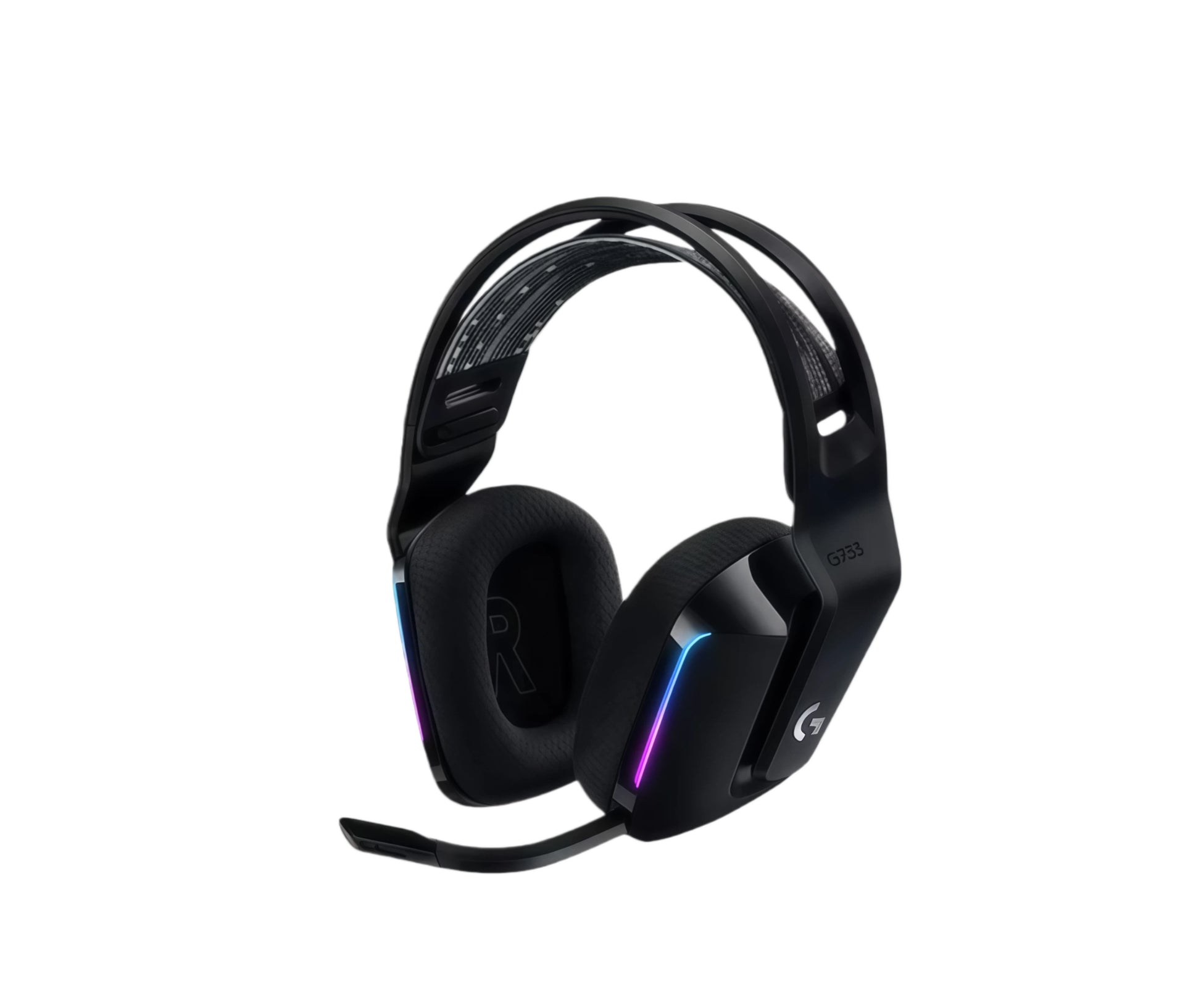 Studio shot of the black Logitech G733 headset with RGB accents and retractable boom mic, isolated on a white background.