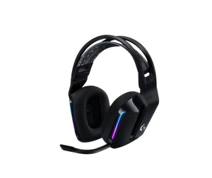 Studio shot of the black Logitech G733 headset with RGB accents and retractable boom mic, isolated on a white background.