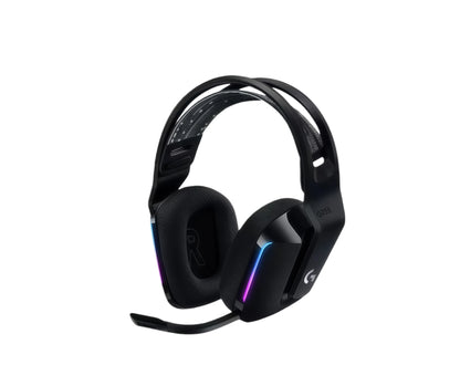 Studio shot of the black Logitech G733 headset with RGB accents and retractable boom mic, isolated on a white background.