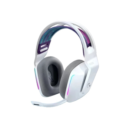 Studio shot of the clean white Logitech G733 headset with subtle RGB lighting, isolated on a white background.