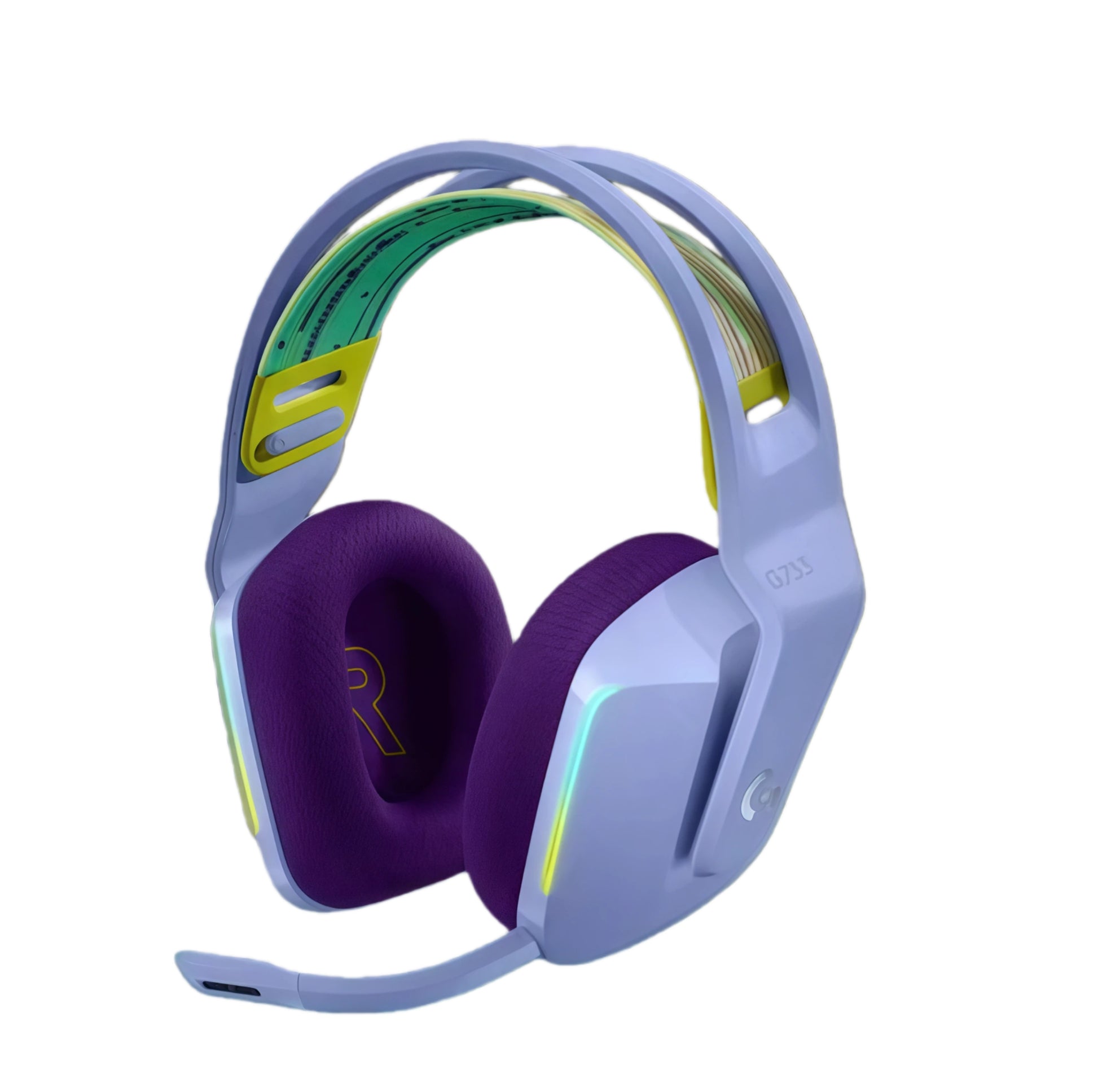 Studio shot of the pastel lilac Logitech G733 headset with yellow headband accents and RGB lighting, isolated on a white background.