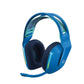 Studio shot of the vibrant blue Logitech G733 headset with RGB lighting, isolated on a white background.