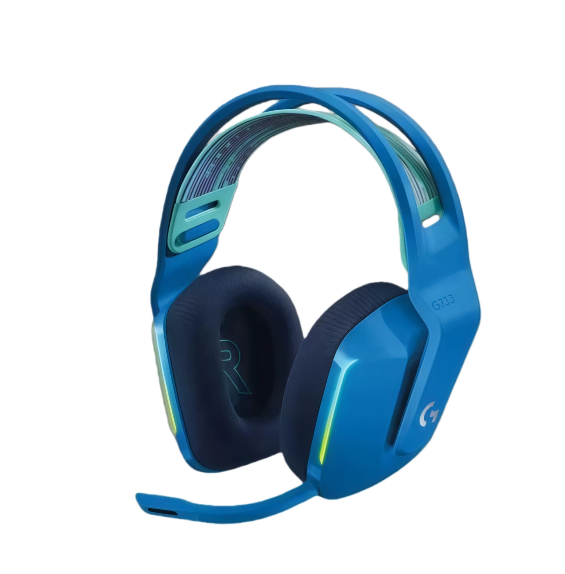 Studio shot of the vibrant blue Logitech G733 headset with RGB lighting, isolated on a white background.