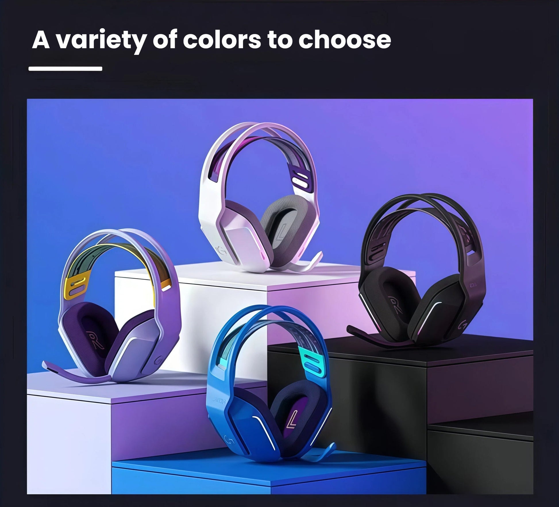  Four Logitech G733 gaming headsets in black, white, lilac, and blue displayed on color-matched pedestals to highlight the range of style options.