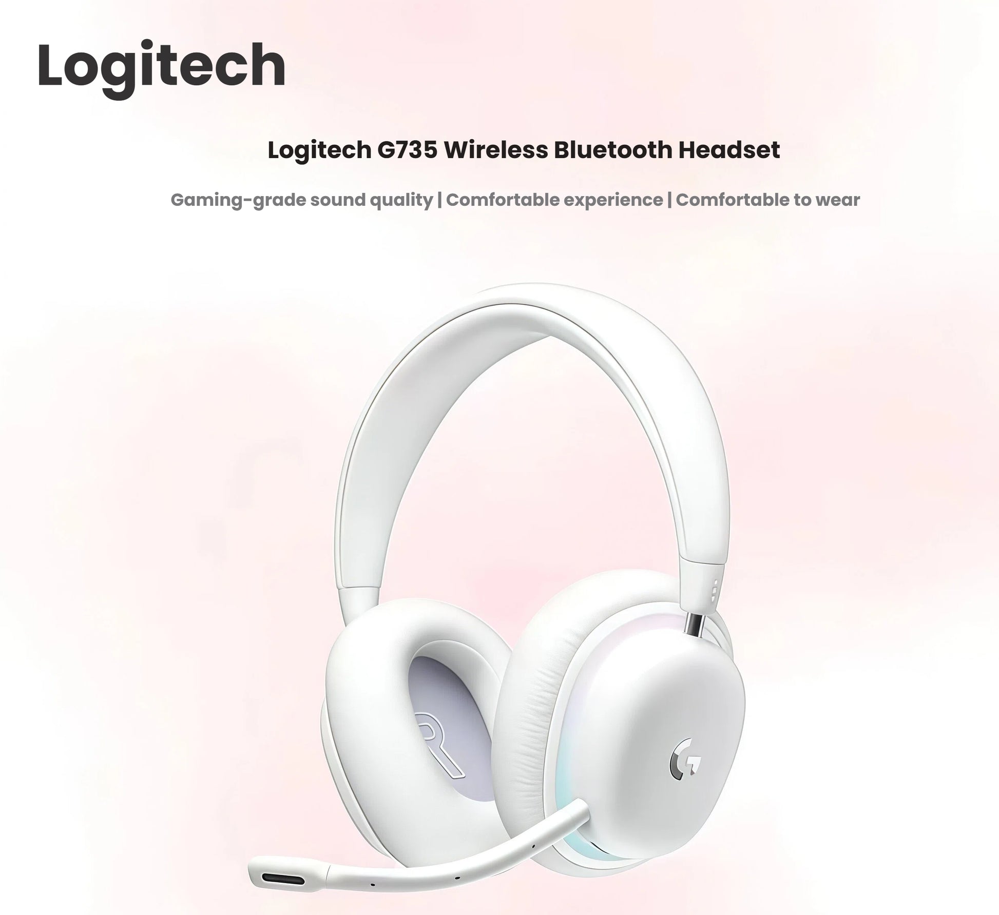 Front view of the white G735 against a pastel-pink gradient, highlighting its lightweight build and premium audio drivers for immersive gaming.