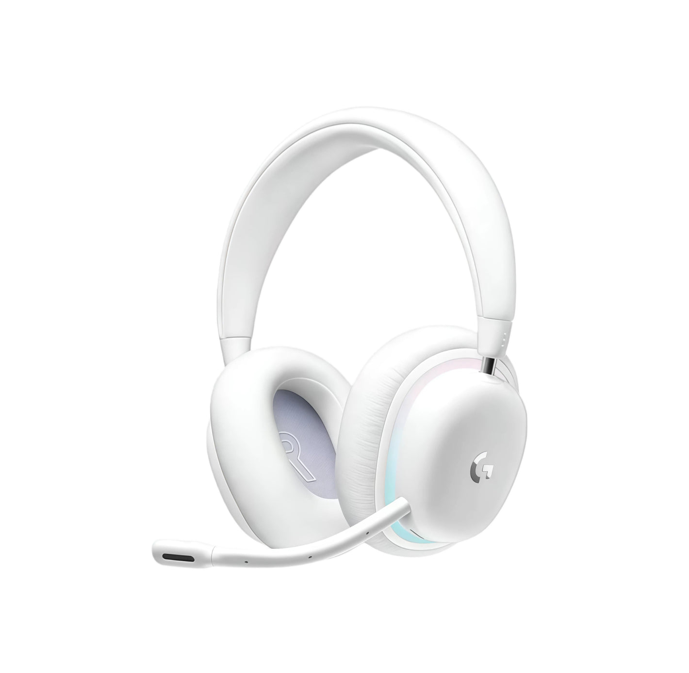 Studio shot of the white Logitech G735 LIGHTSPEED headset, showcasing its soft ear cushions, detachable boom mic, and subtle RGB lighting ring.