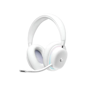Studio shot of the white Logitech G735 LIGHTSPEED headset, showcasing its soft ear cushions, detachable boom mic, and subtle RGB lighting ring.