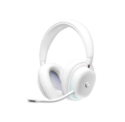 Studio shot of the white Logitech G735 LIGHTSPEED headset, showcasing its soft ear cushions, detachable boom mic, and subtle RGB lighting ring.