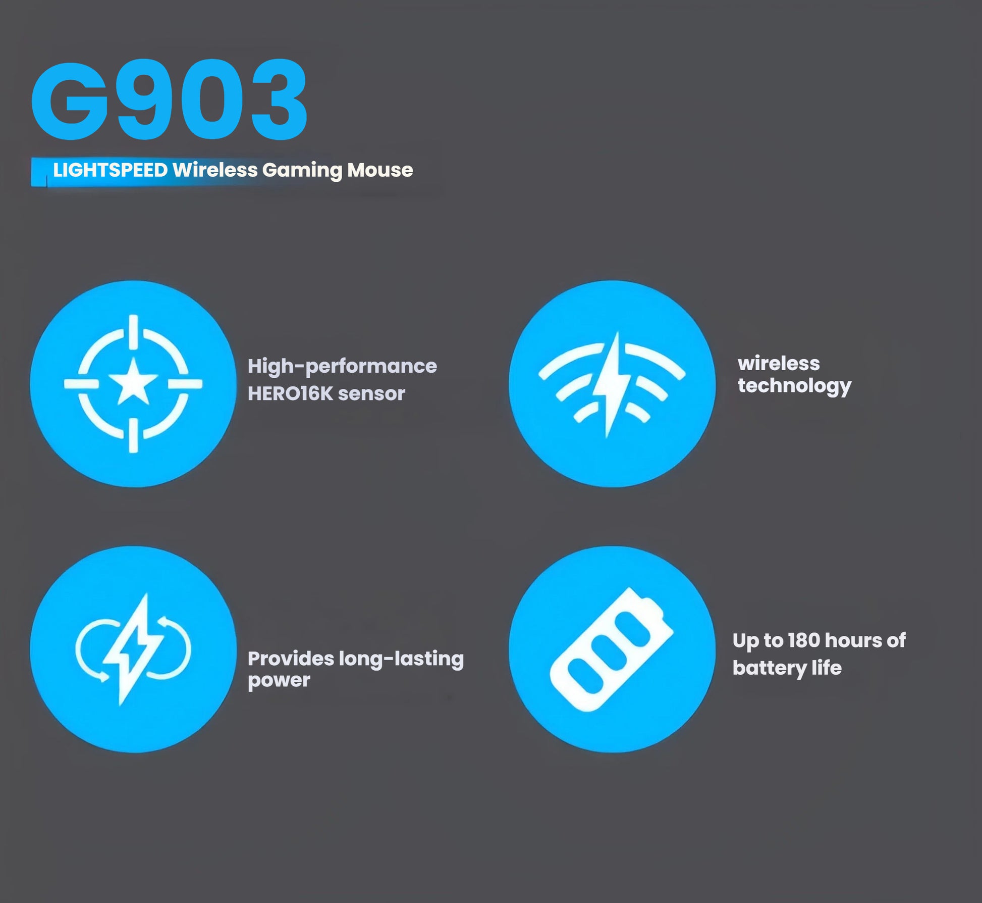 op-down shot of the Logitech G903 LIGHTSPEED wireless gaming mouse showing its sleek black shell, illuminated blue G logo, and central DPI indicator lights.