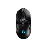 Top-down shot of the Logitech G903 LIGHTSPEED wireless gaming mouse showing its sleek black shell, illuminated blue G logo, and central DPI indicator lights.