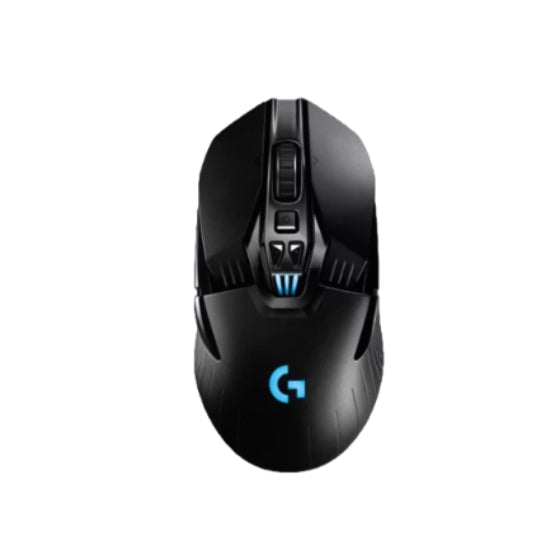 Top-down shot of the Logitech G903 LIGHTSPEED wireless gaming mouse showing its sleek black shell, illuminated blue G logo, and central DPI indicator lights.