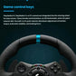 Close-up of Logitech G923 racing wheel showing built-in PlayStation 5, PS4 & PC control buttons, LED tachometer, and 24-point selector dial.