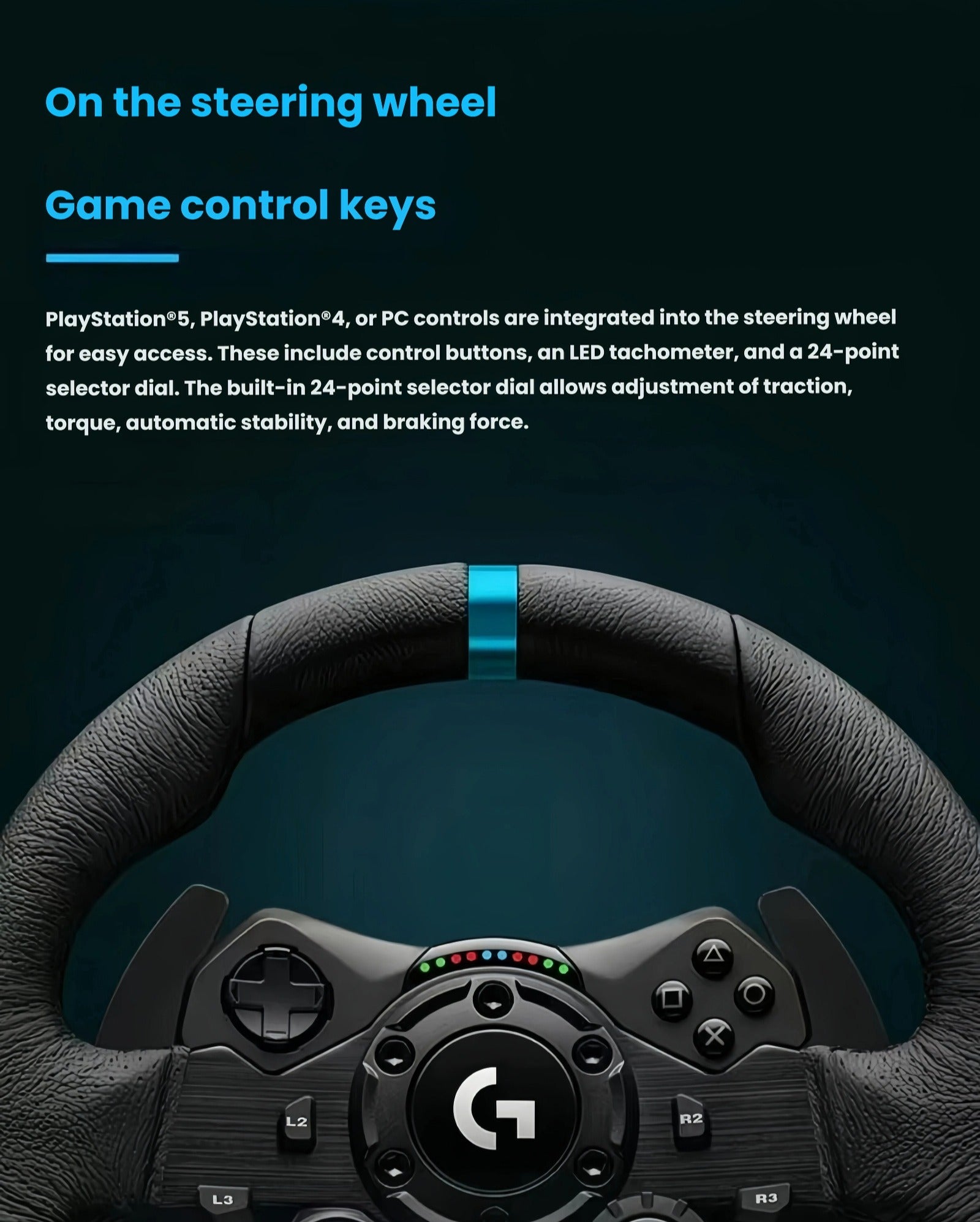 Close-up of Logitech G923 racing wheel showing built-in PlayStation 5, PS4 & PC control buttons, LED tachometer, and 24-point selector dial.
