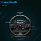 Front view of Logitech G923 racing wheel with labels for LED speed indicator, steel paddle shifters, 24-position selector dial, and desktop clamps.