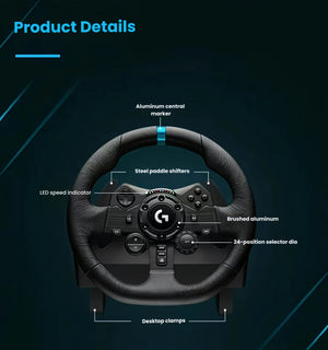 Front view of Logitech G923 racing wheel with labels for LED speed indicator, steel paddle shifters, 24-position selector dial, and desktop clamps.